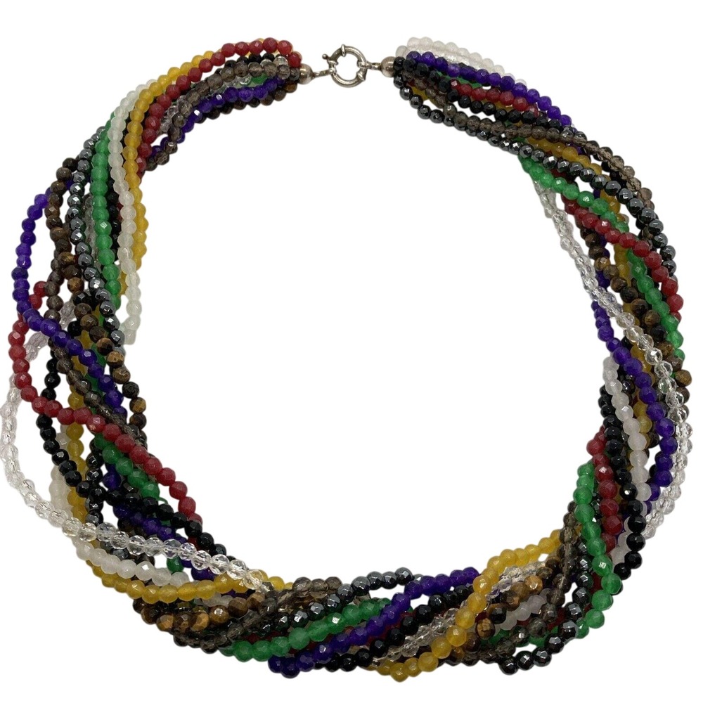 Vintage 10 Strand Gemstone Torsade 20'' Necklace Sterling 925 Silver 124g Quartz